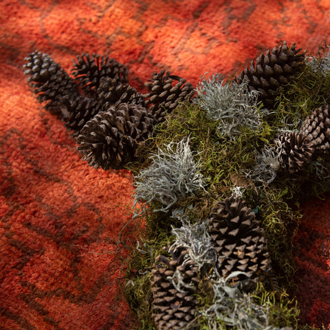 Wreath with pine cones and moss on a textured red and orange background