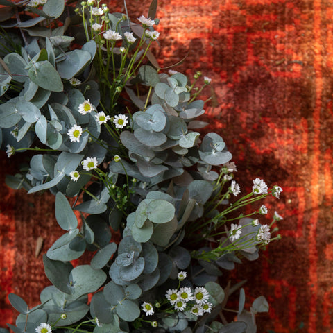 Bouquet of eucalyptus leaves with small white flowers on a textured red and orange background